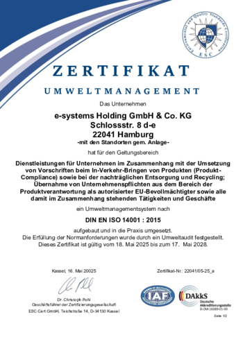 e-systems GmbH Umweltmanagement Zertifikat DIN EN ISO 14001:2015