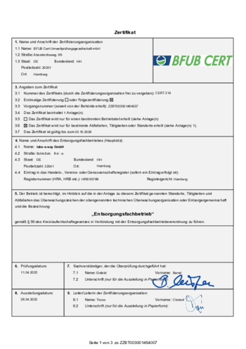 take-e-way Zertifikat Entsorgungsfachbetrieb